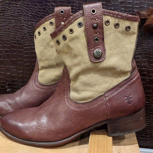Frye Amelia Ankle Boots Cognac Grommet Leather & Canvas Womens Sz 6.5B 77206 - Picture 1 of 4
